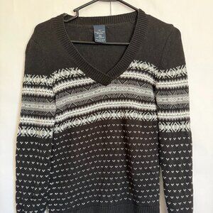 Faded Glory Fair Isle Sweater Womens Small Black Nordic V Neck Cotton Cozy